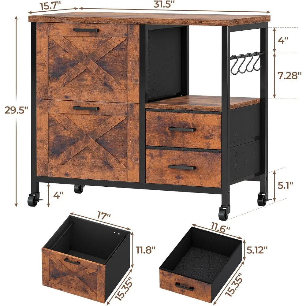 4 Drawers Filing Cabinet, File Cabinet for Home Office fits Letter/Legal/A4 Size Hanging Files, Printer Stand with Storag