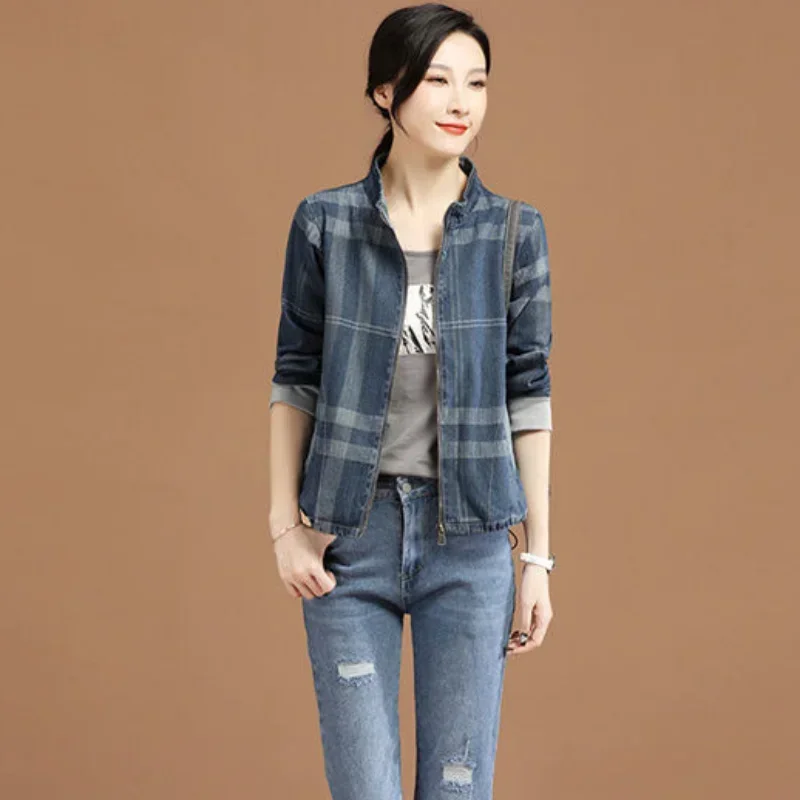 Outerwear Denim Jacket For Women Mix Color Woman Jean Coat Check Spring Autumn Designer On Offer With Stylish