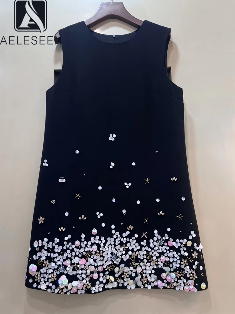 AELESEEN Frauen Casual Sommer Kleid Runway Fashion Schwarz Ärmellose Luxus Pailletten A-Line Mini Urlaub Urlaub Weibliche