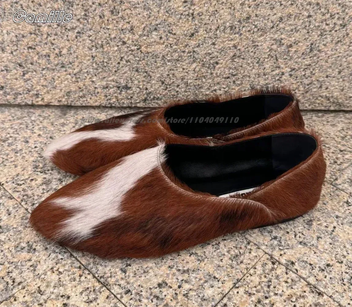 

Retro Fur Horsehair Prints Slip On Lady Flat Loafers Genuine Leather All-Match Size 35-40 Flats Pointed Toe Daily Commute Shoes