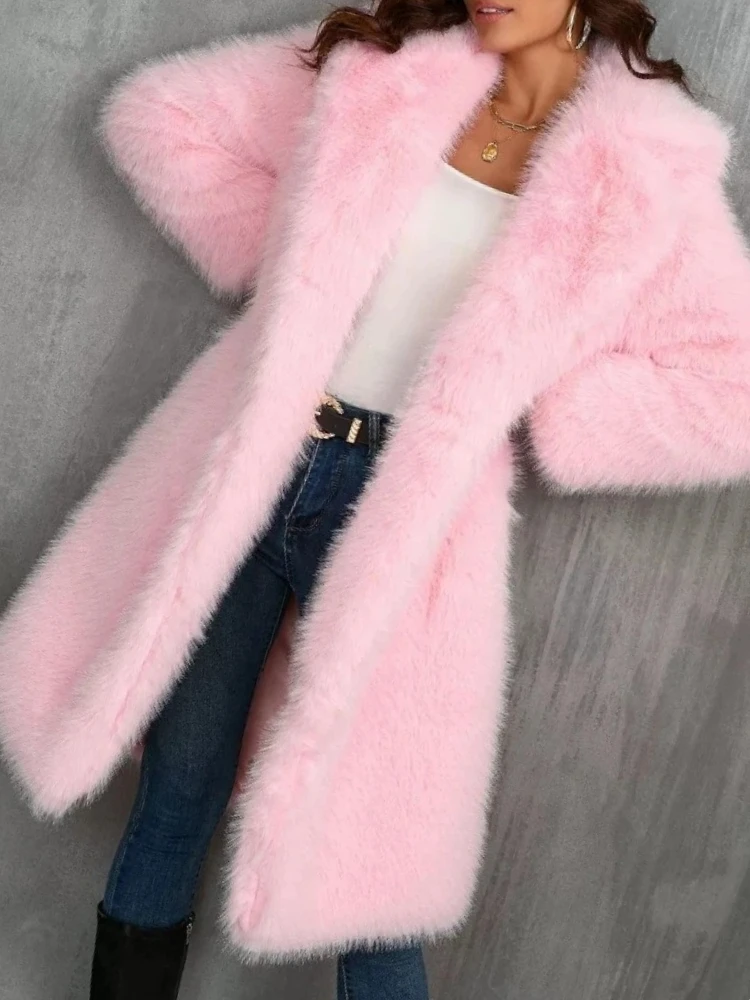 Luxury High-quality Fluffy Soft Fur Jacket Women Warm Lapel Faux Fur Coat Mid-length Outerwear Design Clothes Trendy Fur Jacket