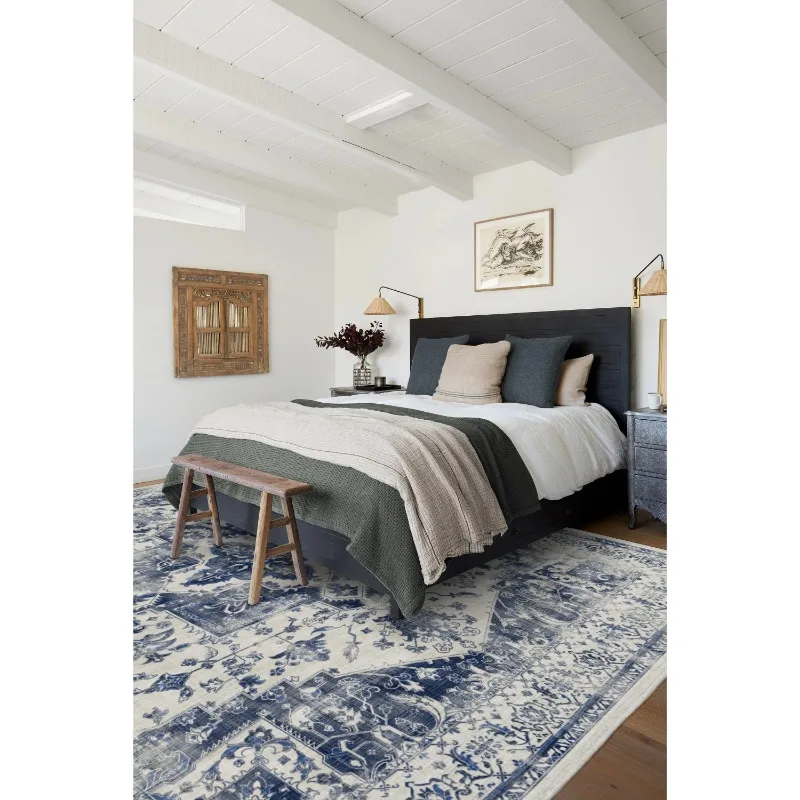 Blue Oriental Style Washable Vintage Rug Living Room Non-Slip Traditional Stain Resistant Indoor Carpet Bathroom Entry Door Mat