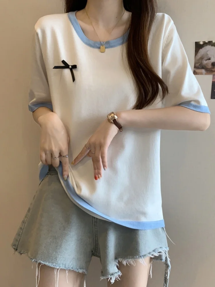 Red Ice Silk Knitted Short Sleeve T-Shirt Women's Summer Large Size Base Shirt Beautiful Top for plus Size Women Belly Covering