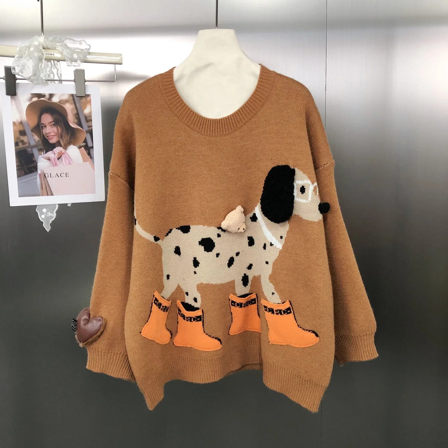 Autumn Winter New American Retro Design Fashion Puppy Jacquard 3D Cartoon Loose Pullover Long Sleeve Sweater Anime Hoodie