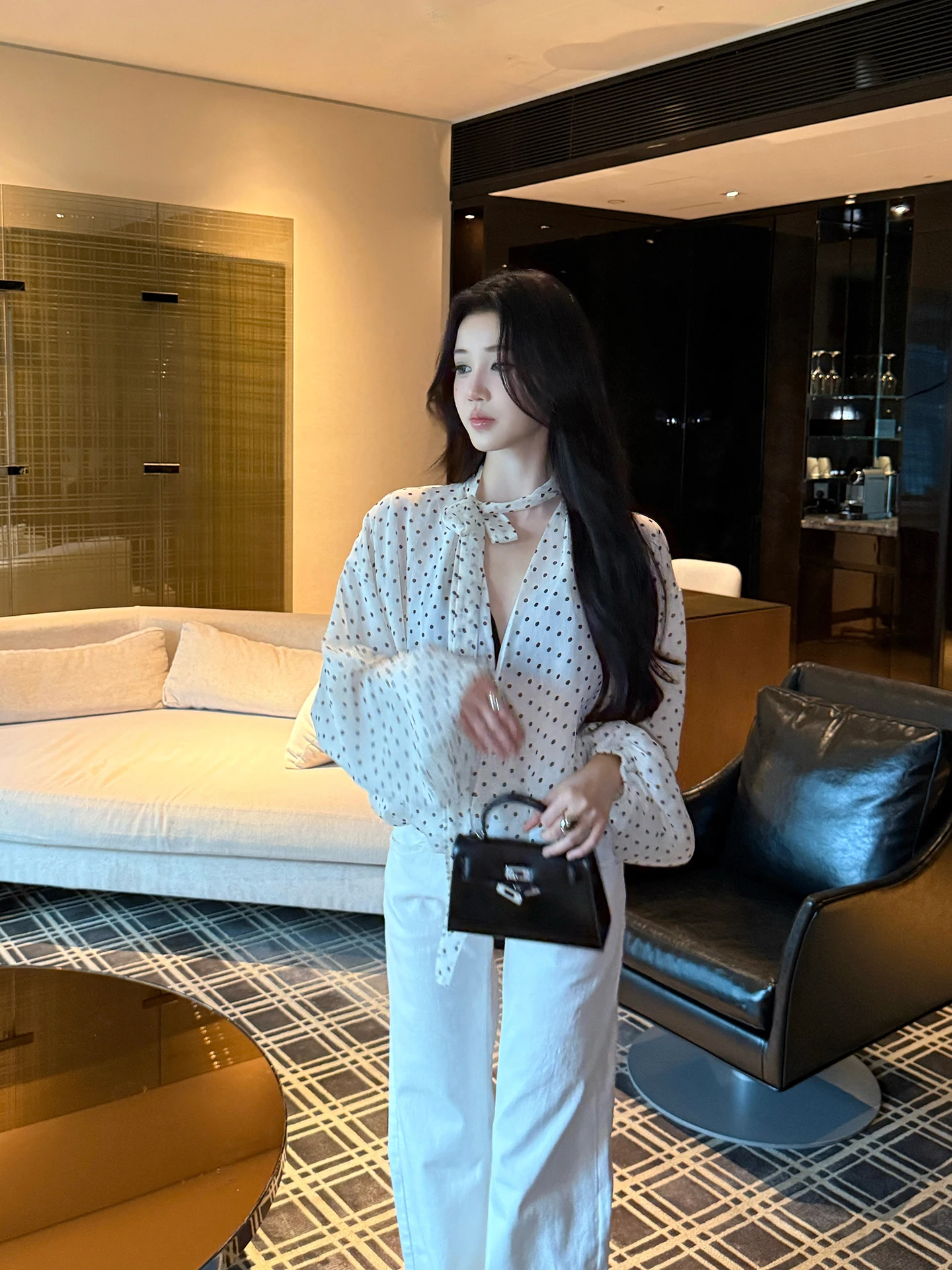 

Ele Polka Dot irt Women's Summer Sun Protection Outerwear with Belt High-End Feeling Loose Fit Long Sve V-Ne Top