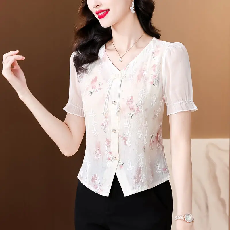 Women\'s Vintage Elegant Chinese Style Button Up Shirt Summer V Neck Short Sleeve Sweet Shirt Casual Commute Embroidery Slim Tops