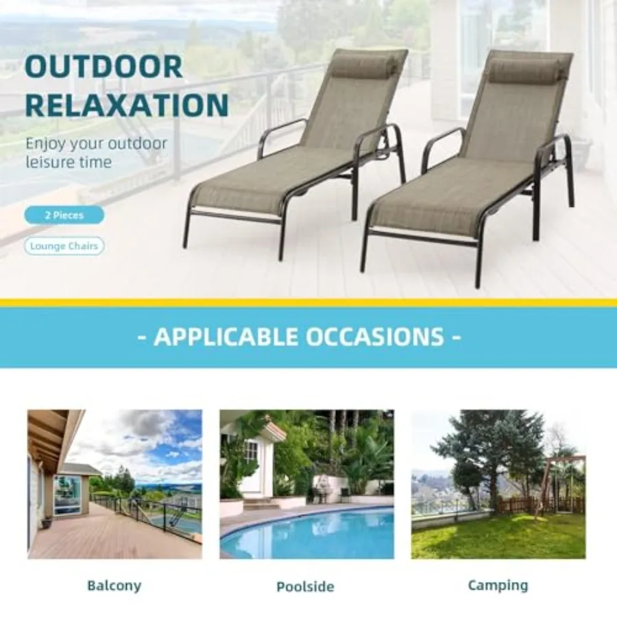 Patio Lounge Chairs Set of 2, All-Weather Waterproof Upgraded Outdoor Pool Chaise Lounge Chairs with Adjustable Backrest for Be view 6