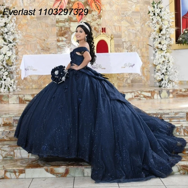 EVLAST Customized Navy Blue Quinceanera Dress Ball Gown Applique Beading With Bow Corset  Sweet 16 Vestidos De 15 Anos TQD892