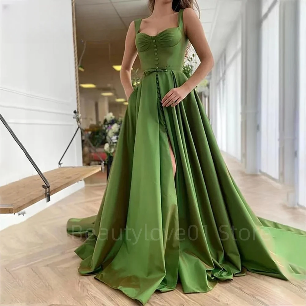 

Long Green Fairy Vintage Corset Prom Dress A-line Sweetheart Spaghetti Straps Side Split Sleeveless Evening Party Gown De Soriee