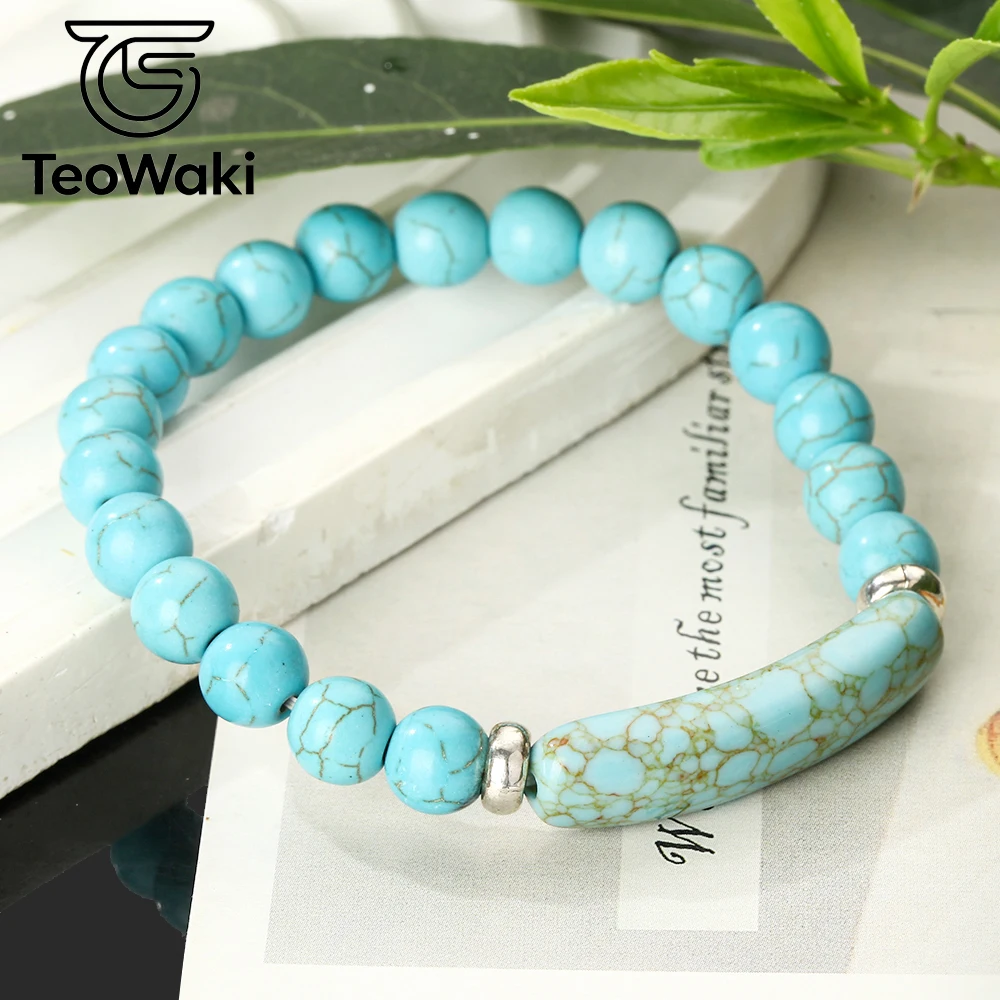 Teowaki Natural Stone Beaded Elastic Stretch with Round Beads and Bridge-type Blue Turquoise Decoration Daily Jewelry Gift 19cm