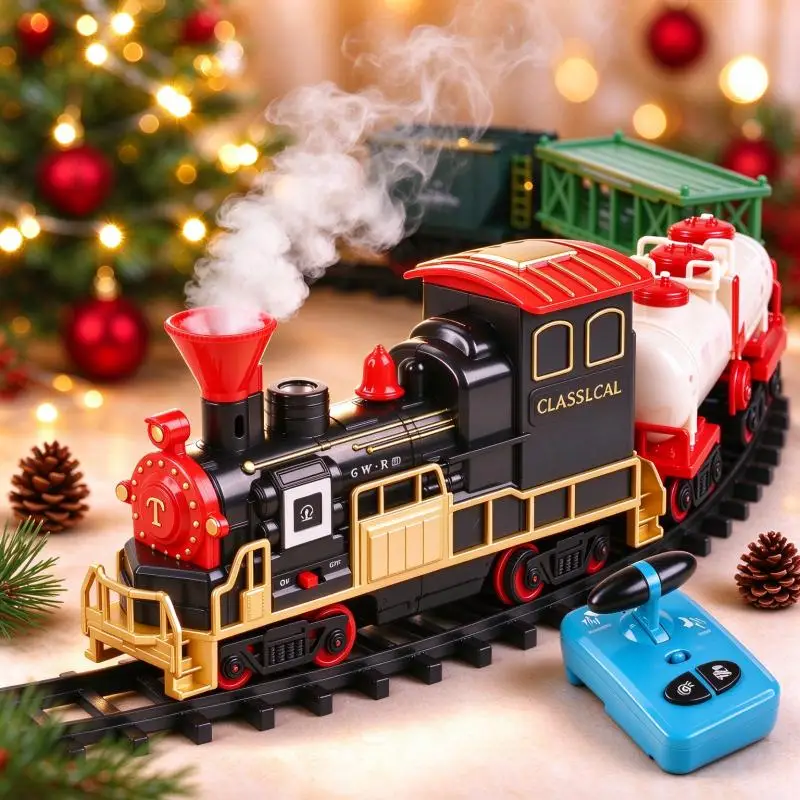 Electric RC Train Remote Control Locomotive Track Train with Smoke Sound Light Railway Model Boy Girl Christmas Birthday Gifts