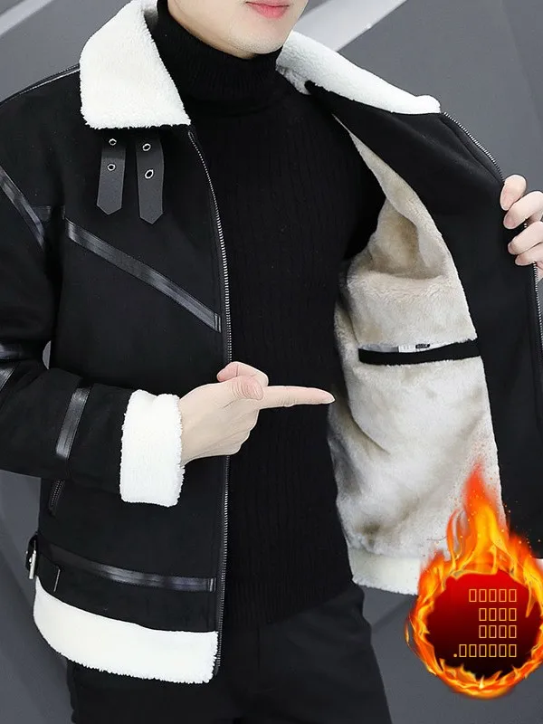 

Men's Fce Lined Thiened ort Biker Jaet Leather And Fur Inteated Slim Fit Suede Velvet Winter Coat for Youth