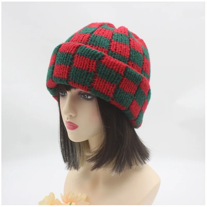 Checkerboard Knit Hat  Autumn and Winter Korean Style Niche Large Head Circumference Wool Hat Japanese Style Christmas Hat