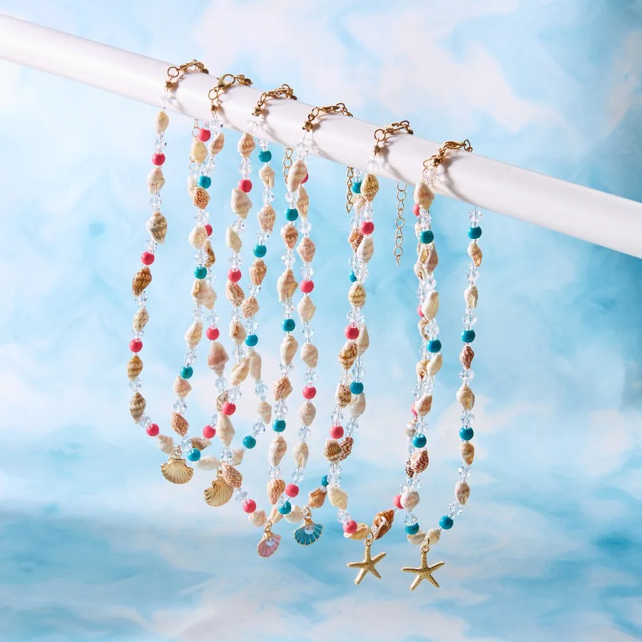 1 Pc Summer Beach Shell Ocean Series Fashionable and Versatile Blue and Pink Pearl Shell Conch Beaded Necklace and Bracelet