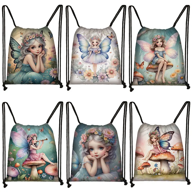 Fantasy Fairy Elf Pattern Drawstring Bag Cartoon Mushroo Backpacks Women Bookbag for Travel Storage Bags Shoes Holder