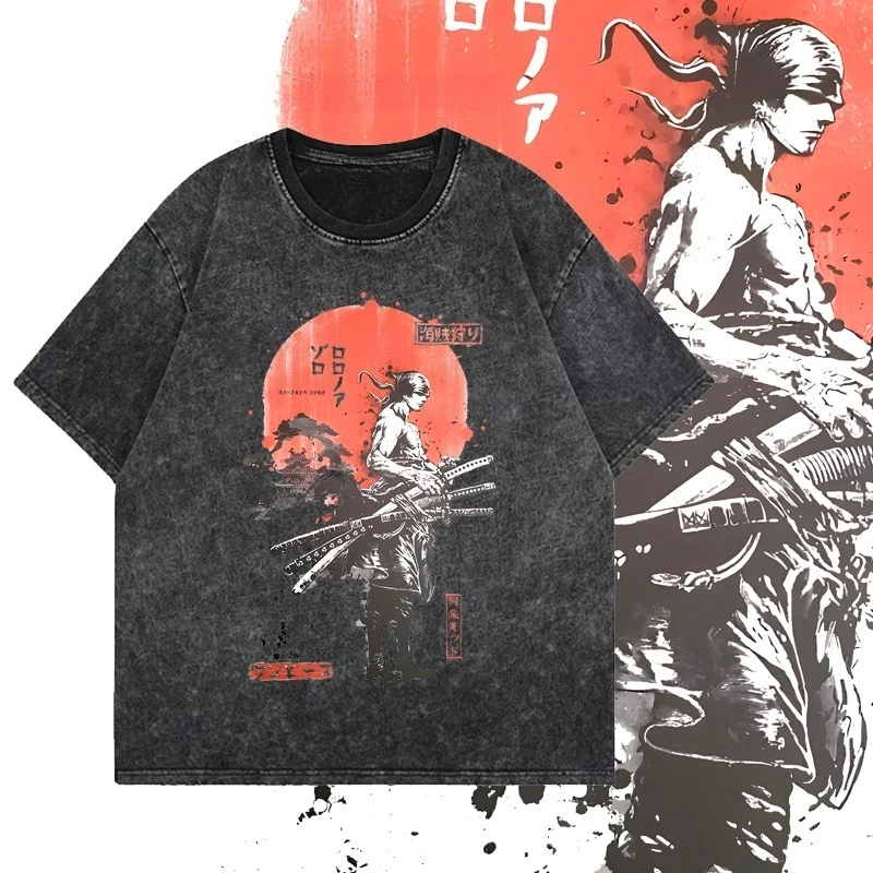 

Washed and Old Short-sleeved T-shirt Trendy Brand Loose and Versatile ONE PIECE Japanese Cartoon Student Couple Top