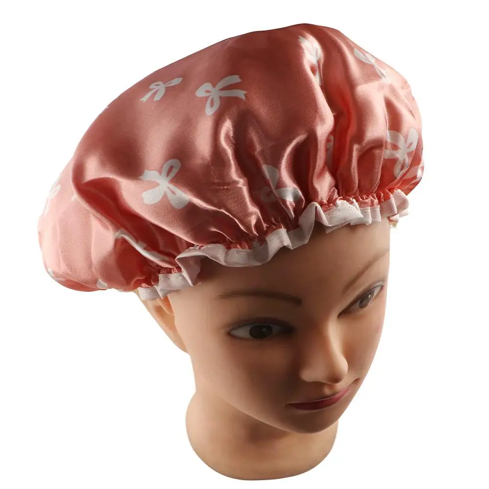 Cute Waterproof Double Layer Shower Caps Anti-Fouling Reusable Hair Hat Elegant Bow Pattern Design Thickened Bath Caps Women
