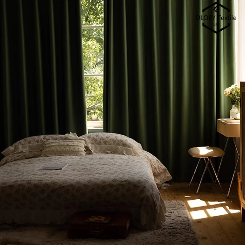 New Matcha Green Curtains for Bedroom French Style High Light Blocking Thick Luxury Living Room Premium Milk Tea Treatment Drape