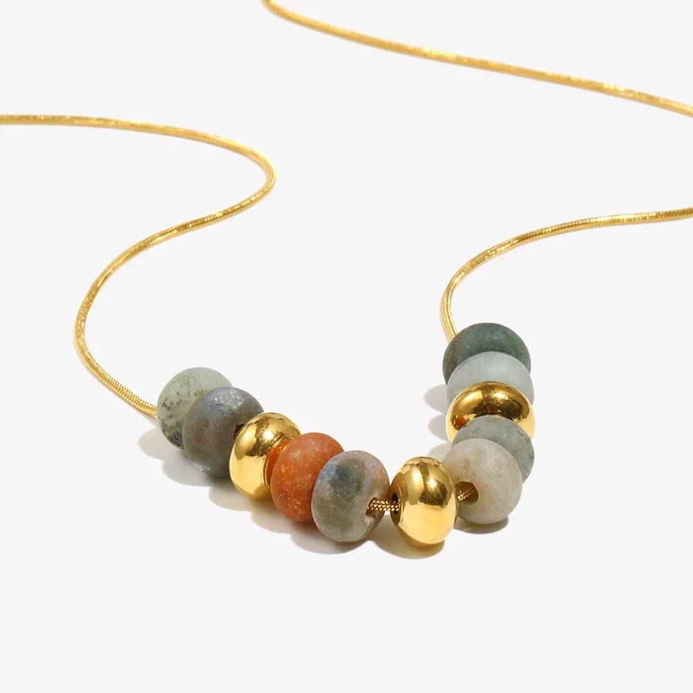 E.B.belle Natural Stone Beaded Snake Chain Necklace 18K Gold Plated Jewelry 316L Stainless Steel Decoration