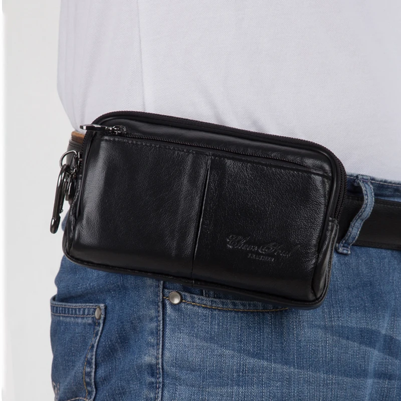 Men Clutch Waist Pack Bag Cell/Mobile Phone Case Cover Genuine Leather Male Real Cowhide Hook Hip Belt Bags Purse Fanny Pack