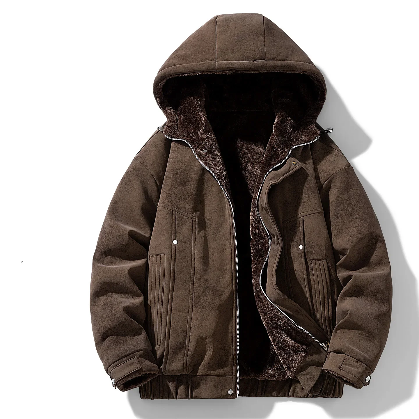 

Winter Men Plush Jacket American Retro Hooded Two-sided Male Outerwear Thicken Fleece Long Sleeve Zipper Loose Man Parkas Coat