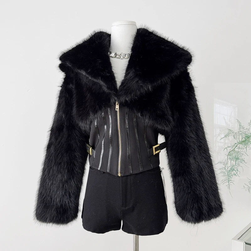 

Designer Short Faux Fur Women Fishbone Coat Zip Up Long Sleeve Female Black Outwear 2025 Autumn Winter Fashion Lady Streetwear