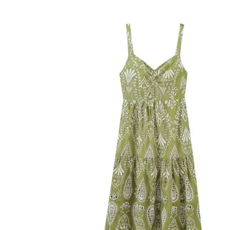 Moda Casual Hollow Out haftowana sukienka na szelkach czeski styl etniczny długa sukienka trapezowa szykowna wakacyjna sukienka plażowa 2025 nowość