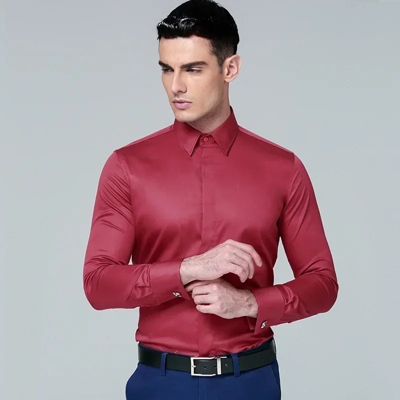 High Quality 2024 Brands New Regular Fit Shirts for Men Business Long Sleeve Cufflink Cotton Solid Color Camisas De Hombre