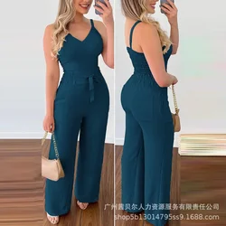 Women's Solid Color Slim Elastic Pleated Two-Piece Suit Sexy Spaghetti Strap V-neck Backless Vest High Waist Wide Leg Pants Suit