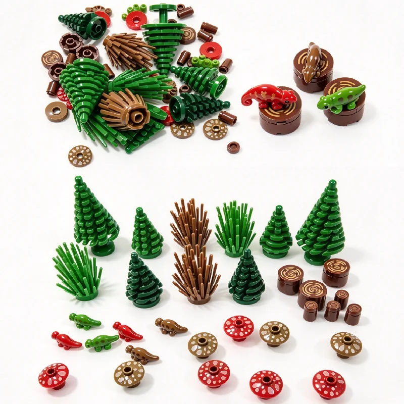 MOC Building Block Assembly Toy-City Landscape Park Forest Zoo Scene Pine Trees Lizards Grass Clumps DIY Model Accessories Gift