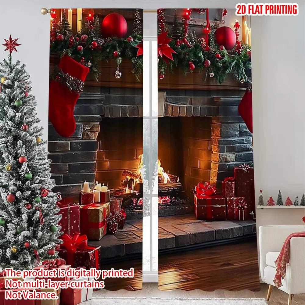 

2pcs 2D flat printing Merry Christmas Popular Drapes Warm Christmas stove scene Machine Washable Fabric Without Electricity