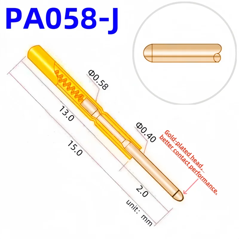 

20/100PCS PA058-J1 Spring Test Probe PA058-J Test Pin Test Tool 15mm Dia 0.58mm Gold Needle Tip 0.40mm PogoPin P058-J P058-J1