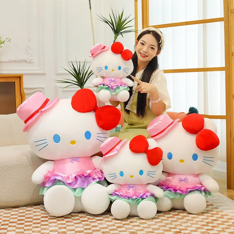 

60 см Kawaii Sanrio Hat KT Cat Плюшевая игрушка Hello Kitty Мягкая кукла Цветочное платье Кукла для детей Подарок на день рождения Плюшевые мягкие игрушки