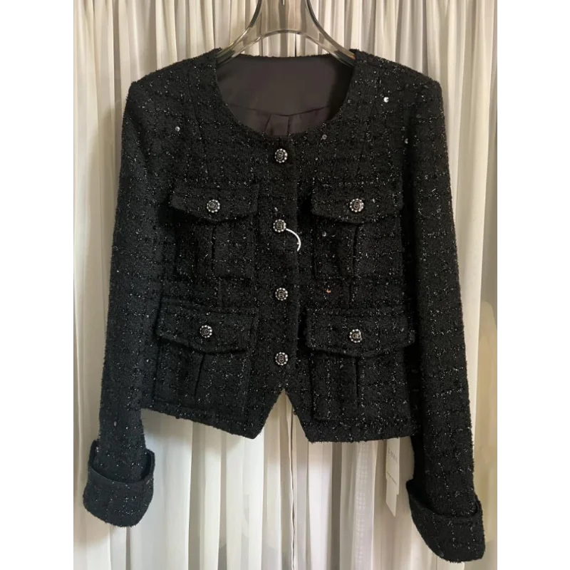 Black Sequins Wool Tweed O Neck Short Coat Small Fragrance Casual Fashion Pockets Korea Chic Daily Women Jacket Autumn Winter