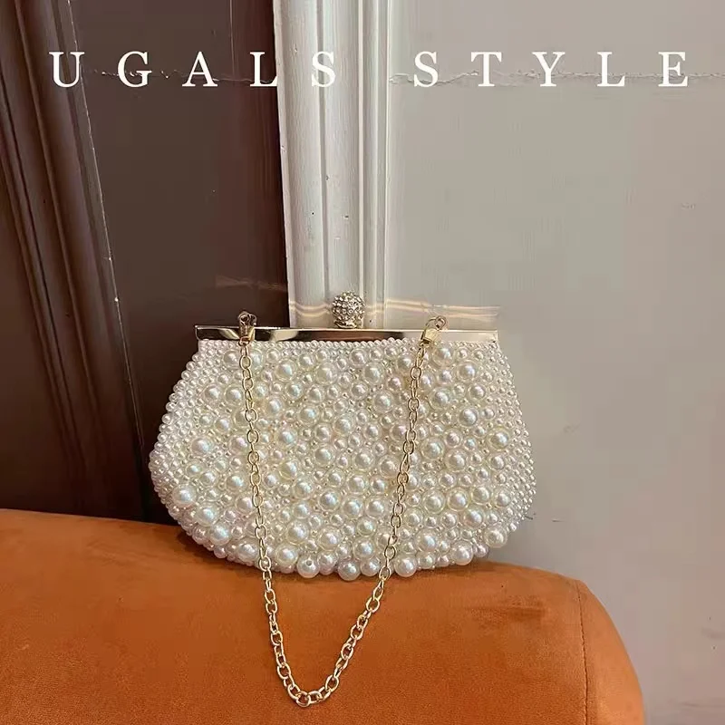 Women Handbag Luxury Shimmer Pearl Beading Shell Bag Beads Beaded Evening Bag Wedding Party Clutch Purse Shoulder Crossbody Bag