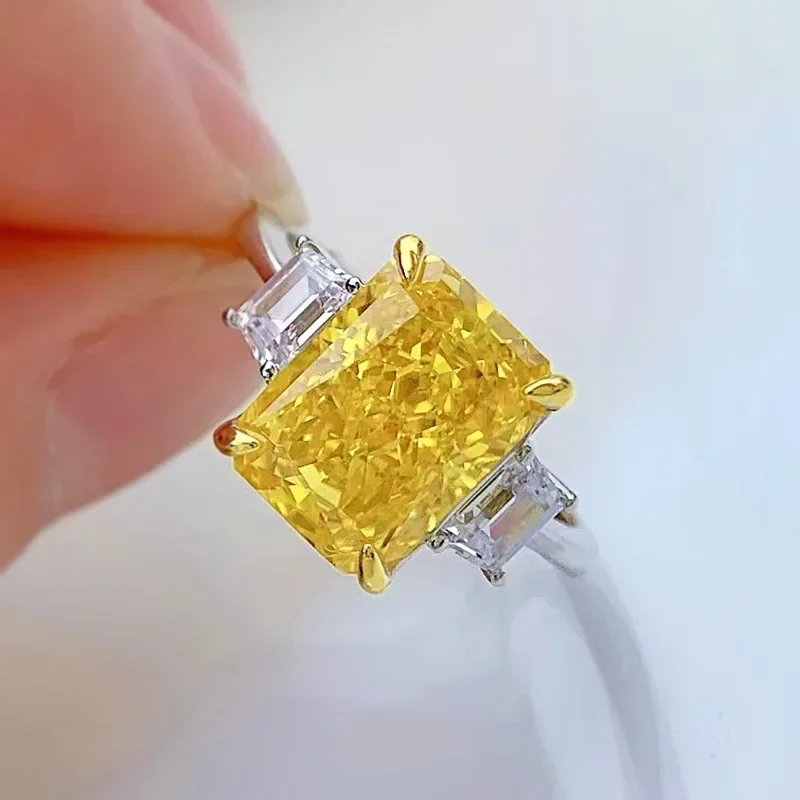 SpringQiaoer  925 Sterling Silver Iced Cut 8*11MM Yellow Created Moissanite Citrine Gemstone Engagement Ring Fine Jewelry