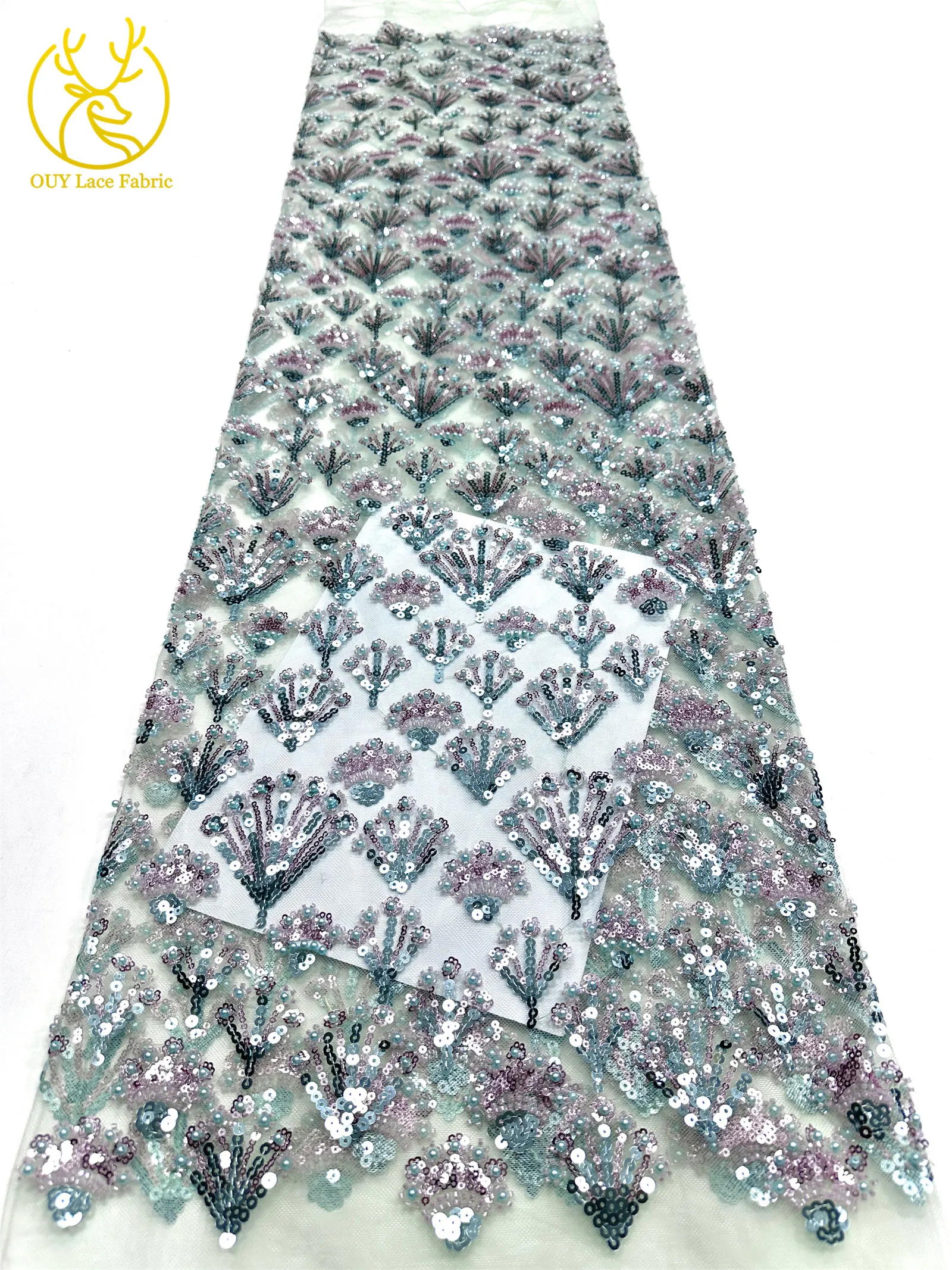 Luxuriöser französischer Perlen-Pailletten-Spitzenstoff 5 Yards Premium Hochzeitsstoff Nigerianischer Bräutigam Bestickter Tüll-Spitzenstoff für Brautkleider – Detail 14