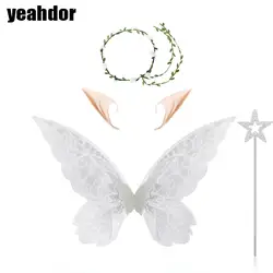 Women Girls Colorful Butterfly Wings Elastic Strap Fairy Wand Elf Ears Fake Leaf Headband Costume Set Props for Party Halloween