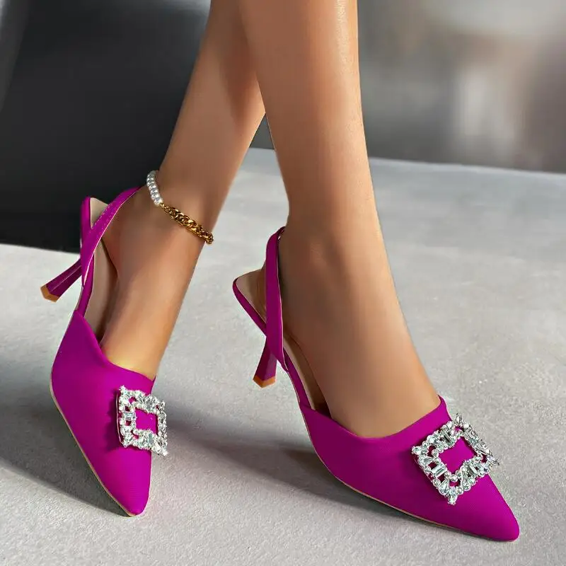 

Summer Fashion New Slip on Sexy Pointed Toe High Heels Baotou Metal Decorated Stiletto Lightweight Sandals Shoes