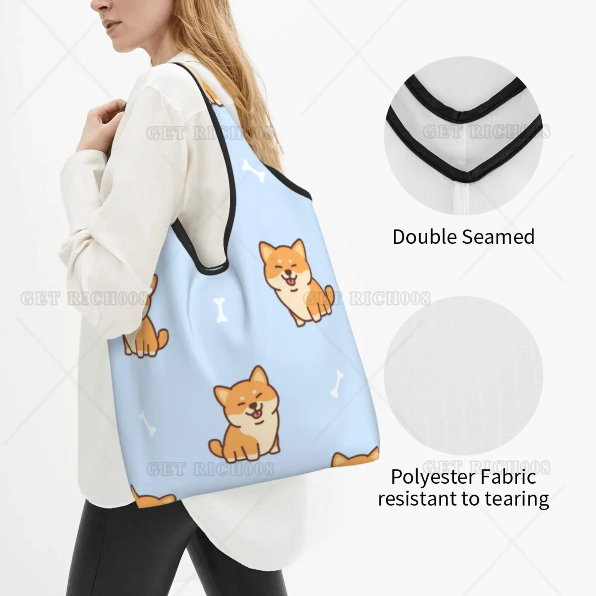 Shiba Inu Folding Tote Bag Shopper Bag Panda Cartoon Portable Eco Grocery Bags No Zipper Bag for Women Men Supermarket Bag