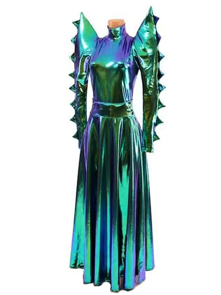 

Green Laser Patent Leather Exaggerated Shoulder Bodysuit Long Skirt Women Stage Wear Singer Bar Nightclub Performance Clothes