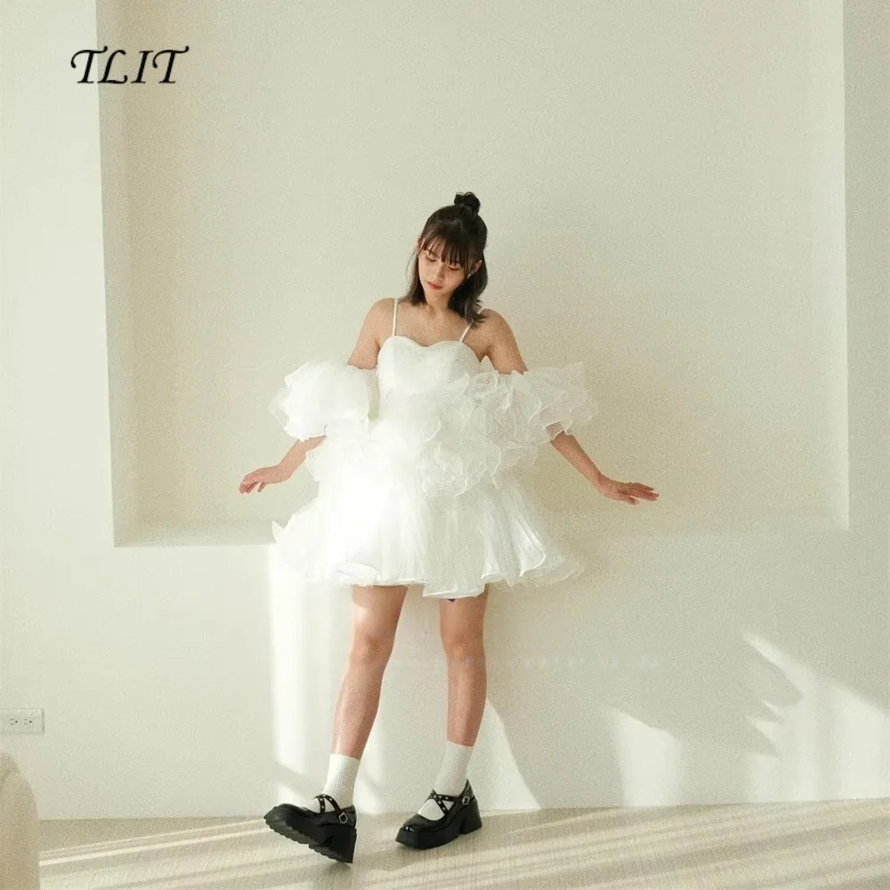 TLIT Customized Japanese Mini Wedding Party Dresses Ruffled Pleated Fluffy Bridal Gown Spaghetti Straps Short Wedding Prom Gown