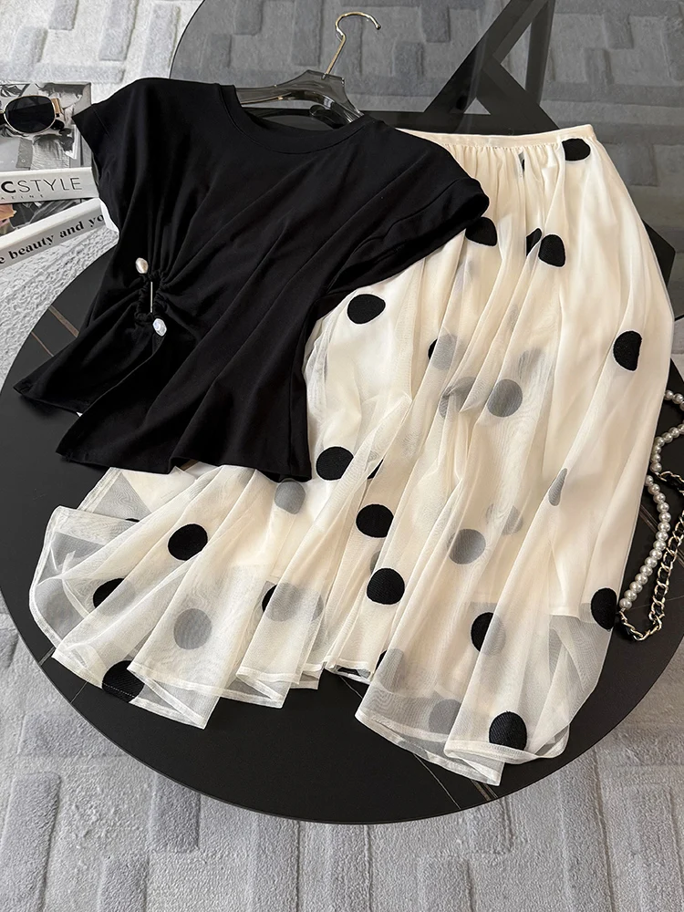 

Summer Fashion Ladylike Black Polka Dot Mesh Skirt Short Sleeve Top Two-Piece Set Women's Design Sense Midi Skirt Ensemble