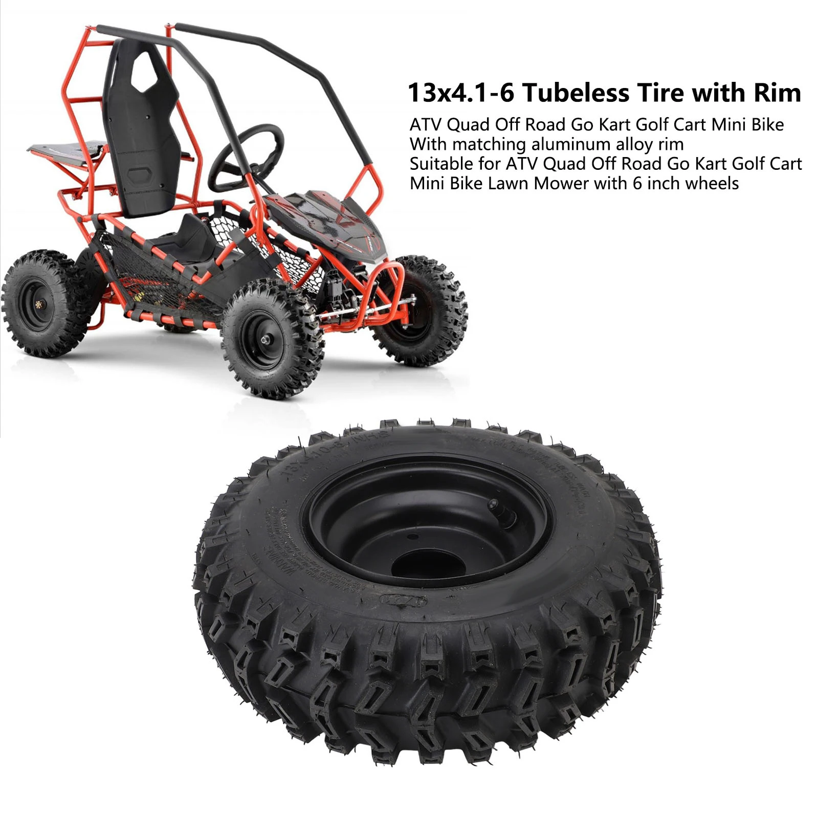 

13x4.1-6 Tubeless Tire with Rim Excellent Traction 6 Inch Tubeless Tire Vacuum Improve Vehicle Handling for Go Kart Cart