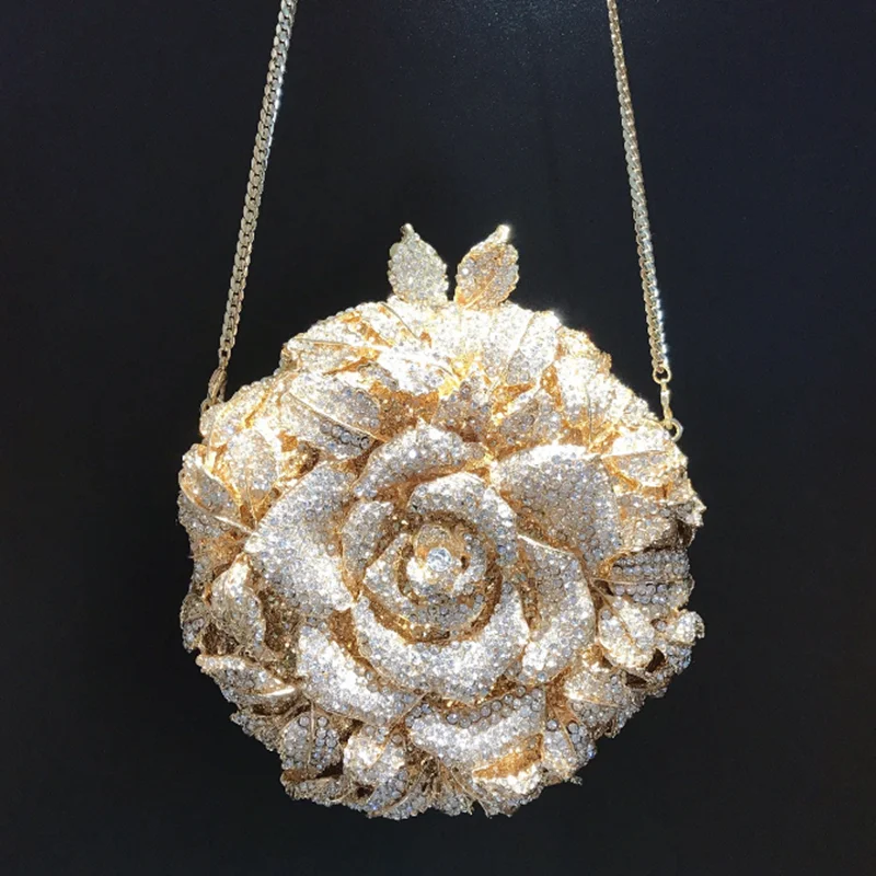 

Luxury Designer Small round bag Women flower Crystal Metallic Evening Bag Wedding Novelty Rhinestone Metallic Clutch Purses