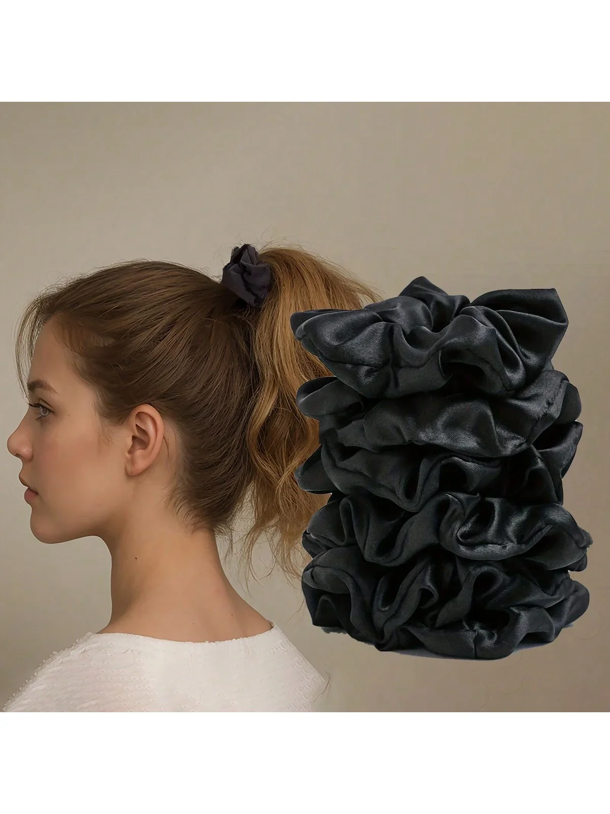 

6pcs black shiny forged large intestine loop with wide edges that do not harm hair high-grade meatball head rubber band headband