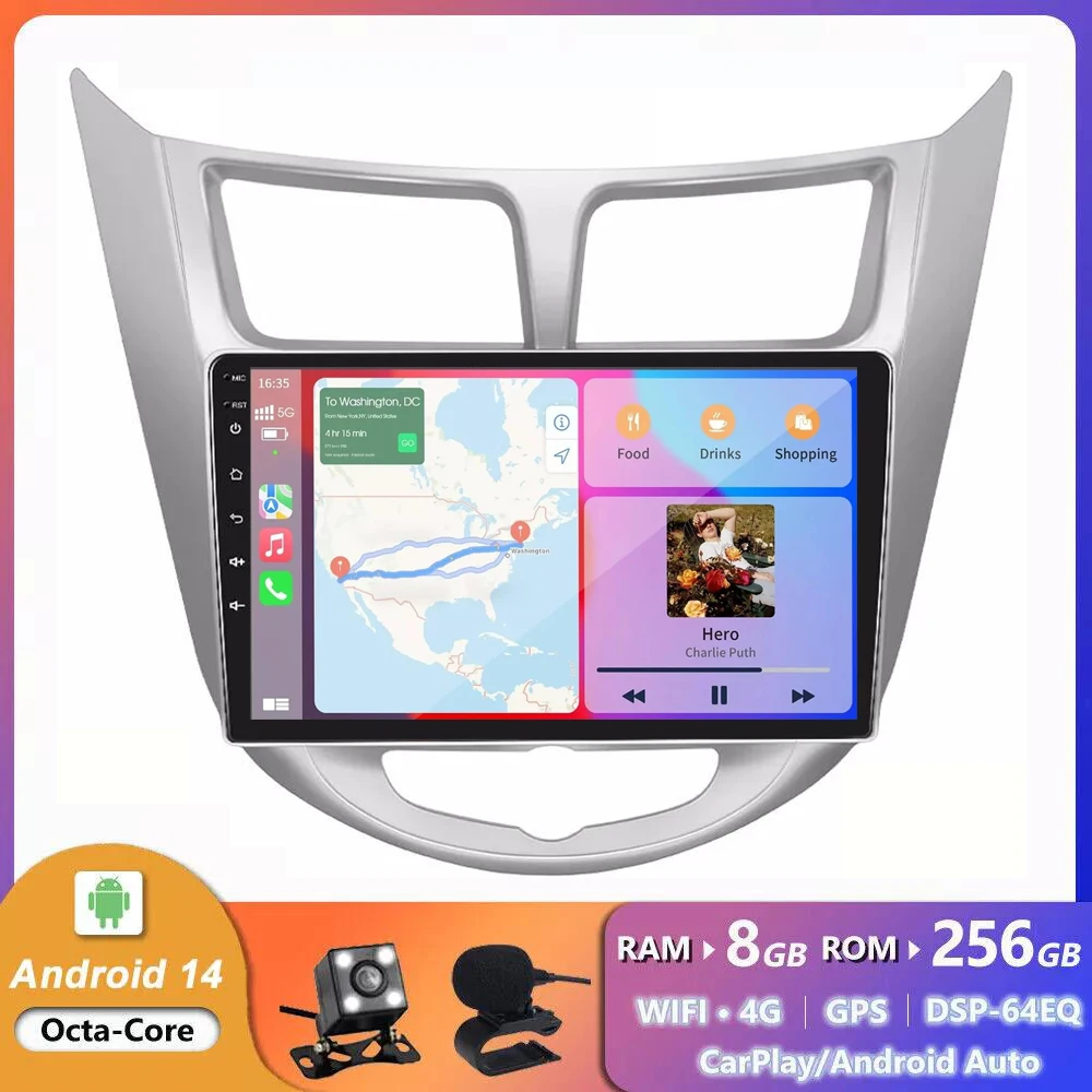 

9-дюймовый автомобильный радиоприемник для Hyundai Verna Accent Solaris 2010 2011-2016 2Din Android 14 Автомобильная стерео DVD GPS-навигационный плеер Carplay