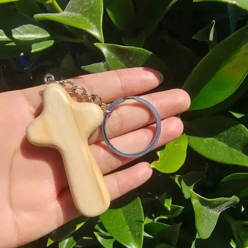 Personalized Wooden Cross Keychain with Custom Logo for Men Women Car Bag Key Ring Pendant Gift