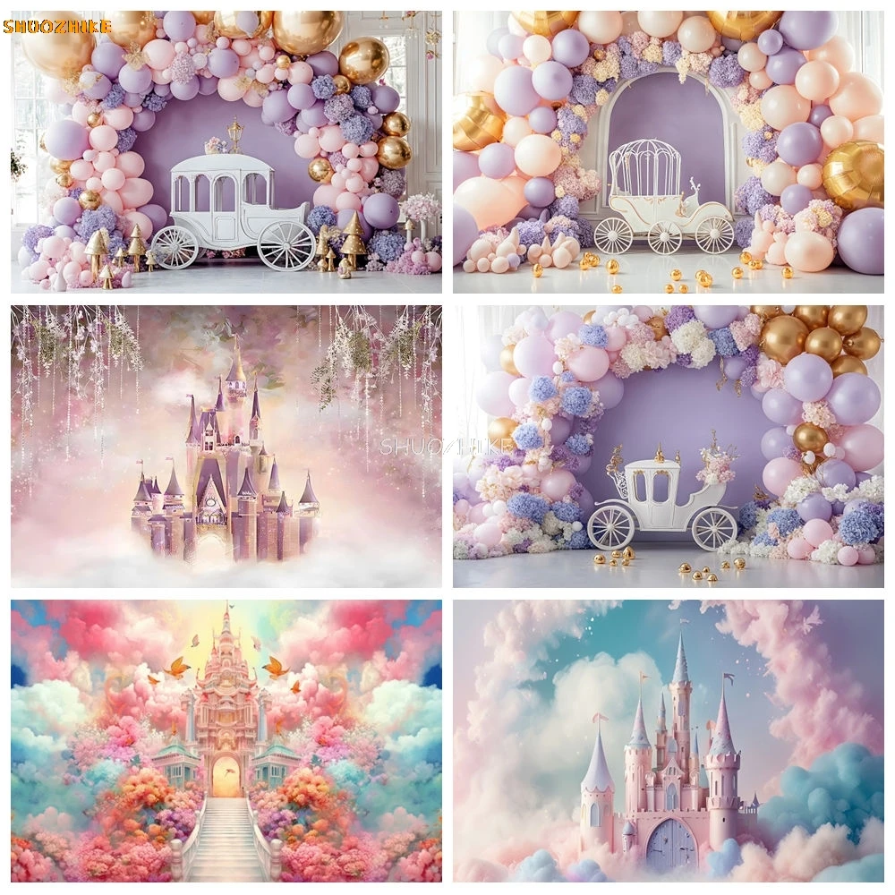 

Castle Princess Girls Birthday Party Photography Backdrops Pink Purple Balloons Arch Baby Shower Background Decor Photo Studio