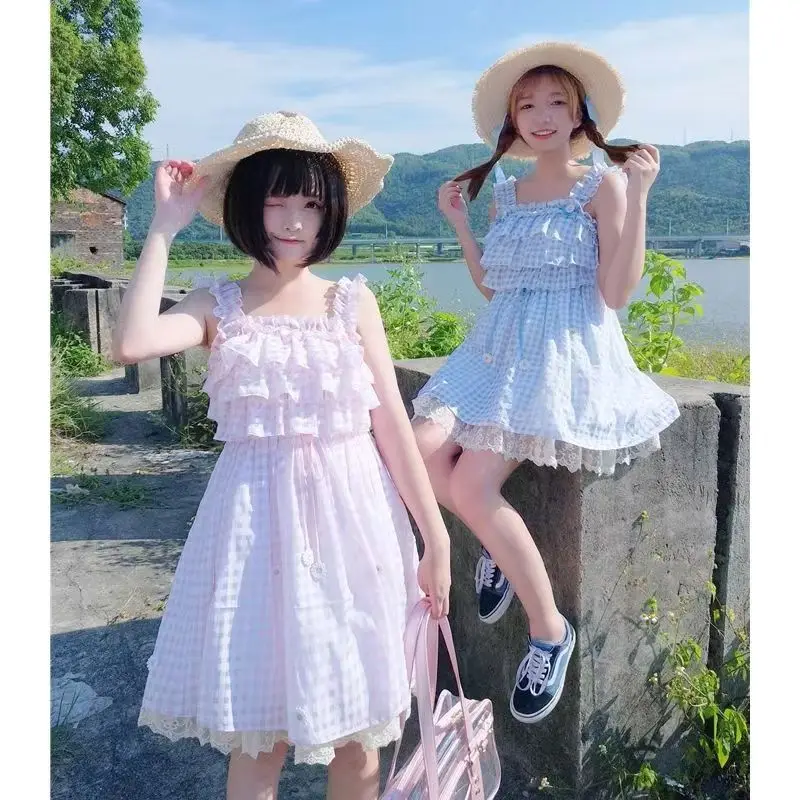 

Kawaii Lace Ruffles Floral Plaid Mini Dress Girl Harajuku Y2k Princess Party Dress Japanese Sweet Lolita Style BeachDress Women